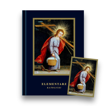 Okładka „Elementarza katolickiego”, Pan Jezus jako dziecko niosący krzyż na lewym ramieniu i koszyk przykryty białą chustką w prawej ręce