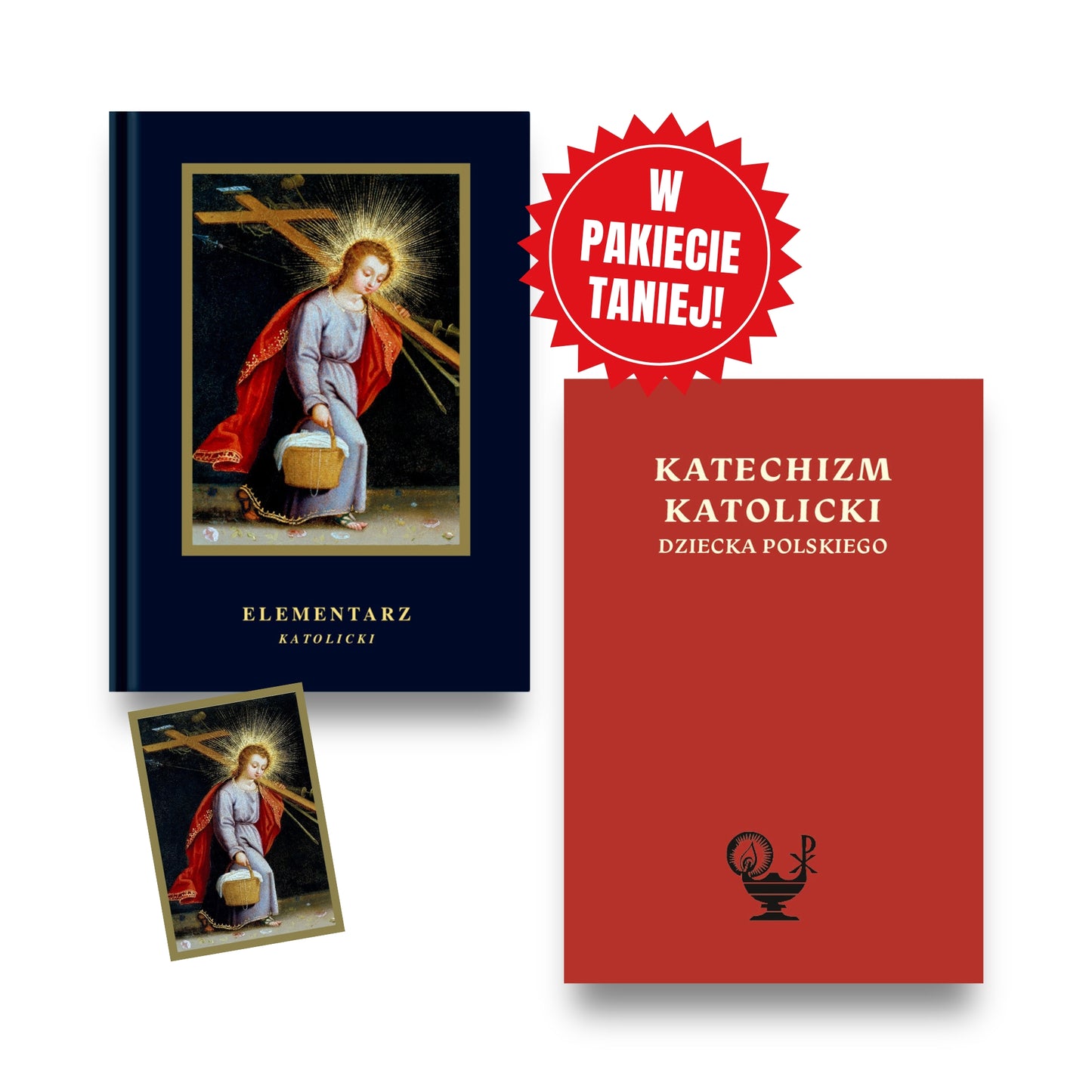 Książki „Elementarz katolicki” i „Katechizm katolicki dziecka polskiego”, biały napis „W pakiecie taniej!” na czerwonym tle