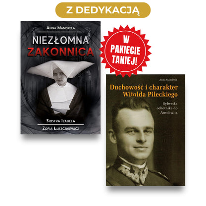 Książki „Niezłomna zakonnica” i „Duchowość i charakter Witolda Pileckiego”, biały napis „W pakiecie taniej!” na czerwonym tle, nad książkami napis „z dedykacją”